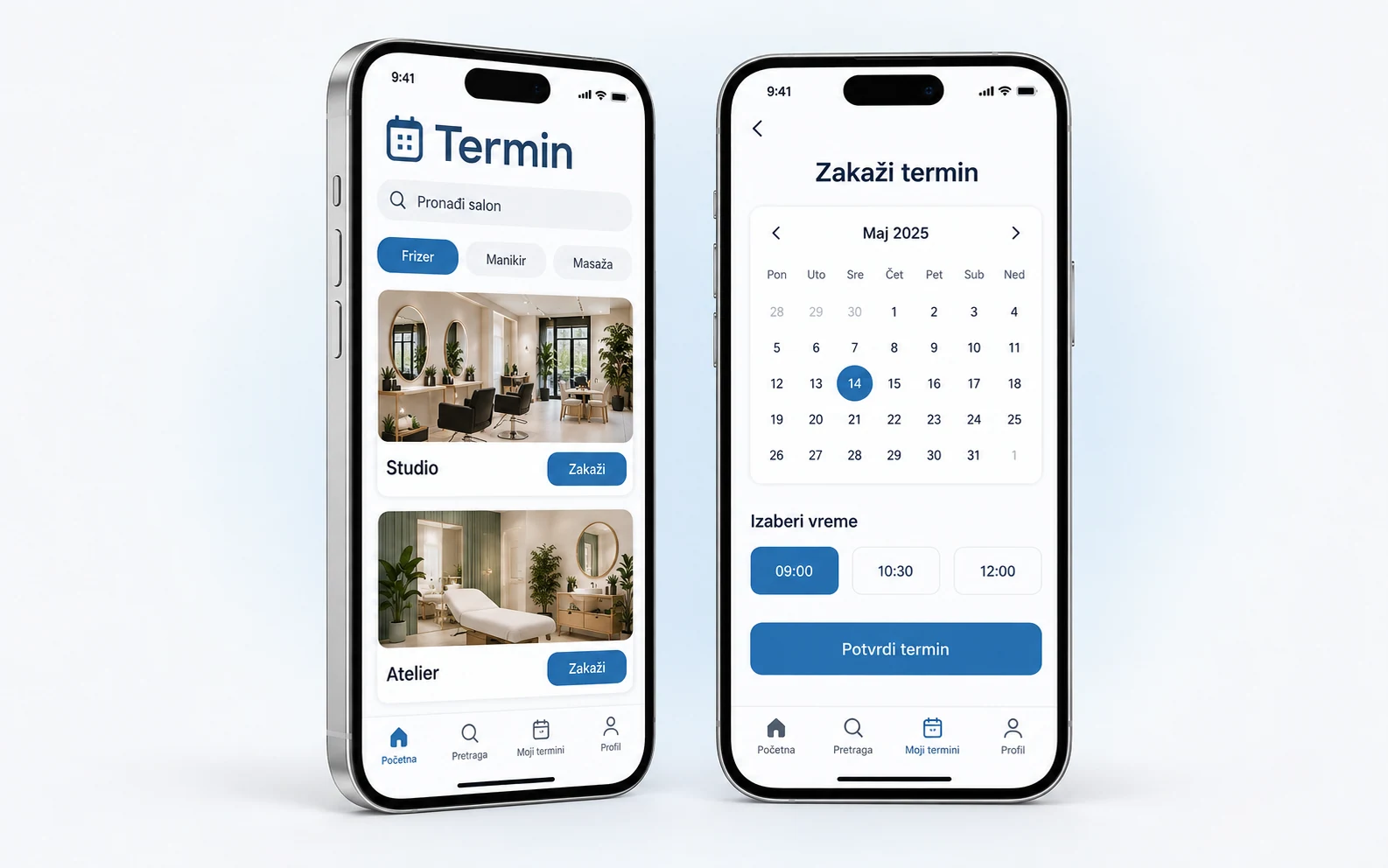 Termin — koncept aplikacije za zakazivanje prikazan na dva telefona