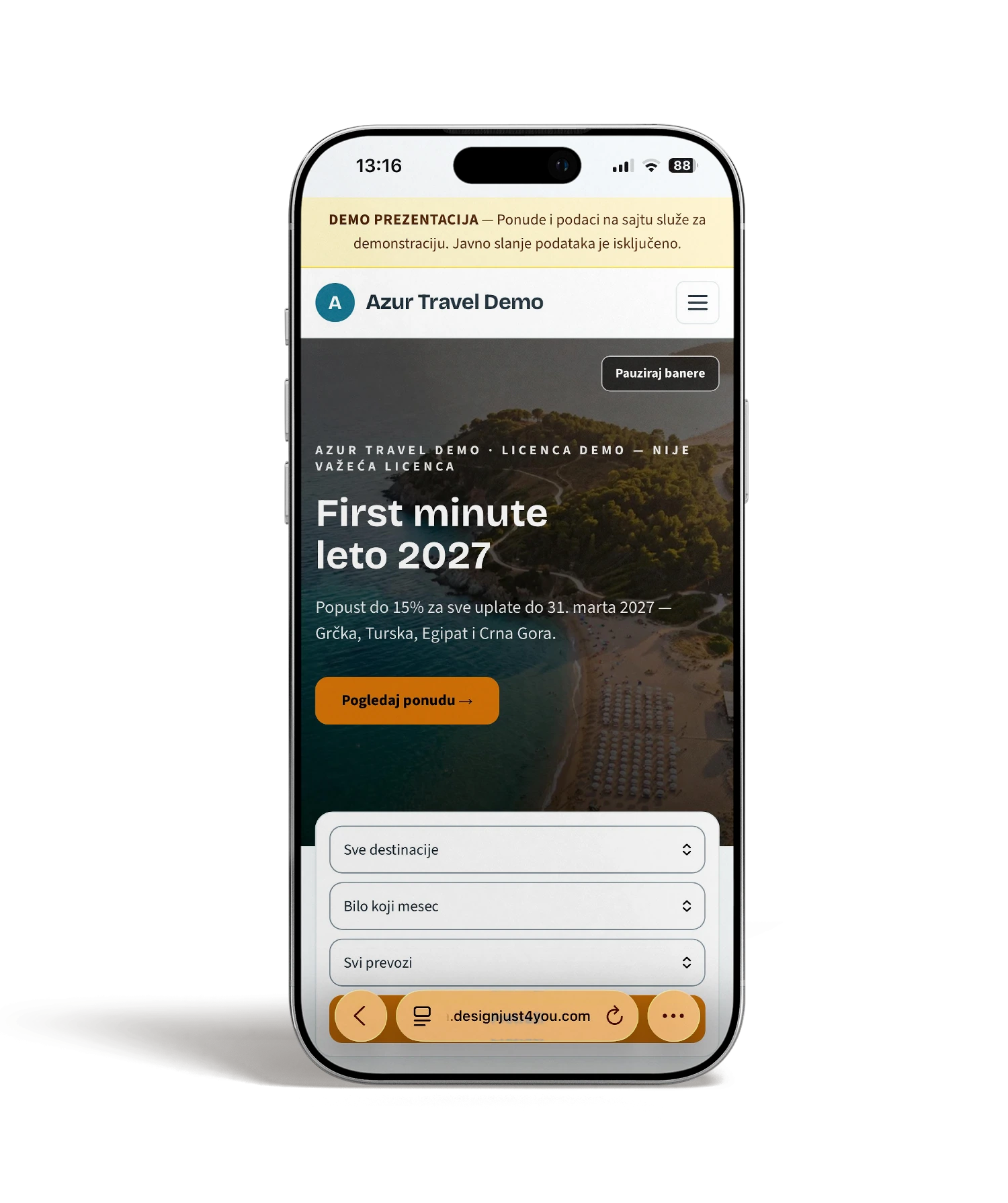 Azur Travel Demo — mobilni prikaz