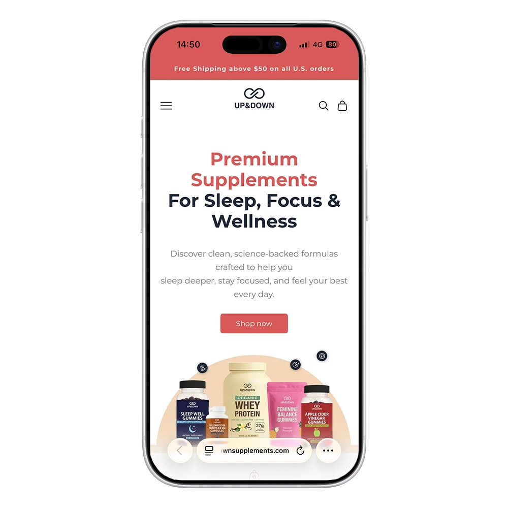 Up&Down Supplements — mobilni prikaz