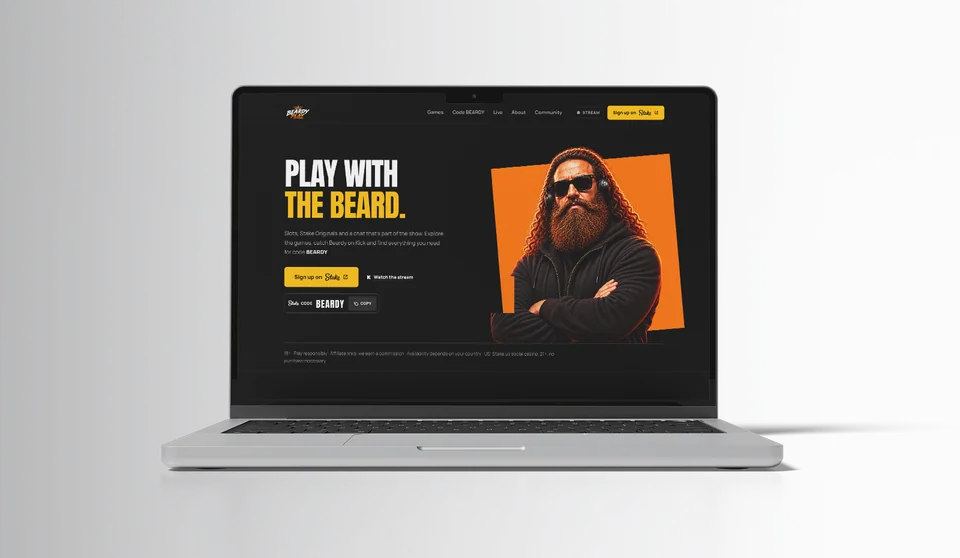Beardy Play — creator website preview featuring games and streams