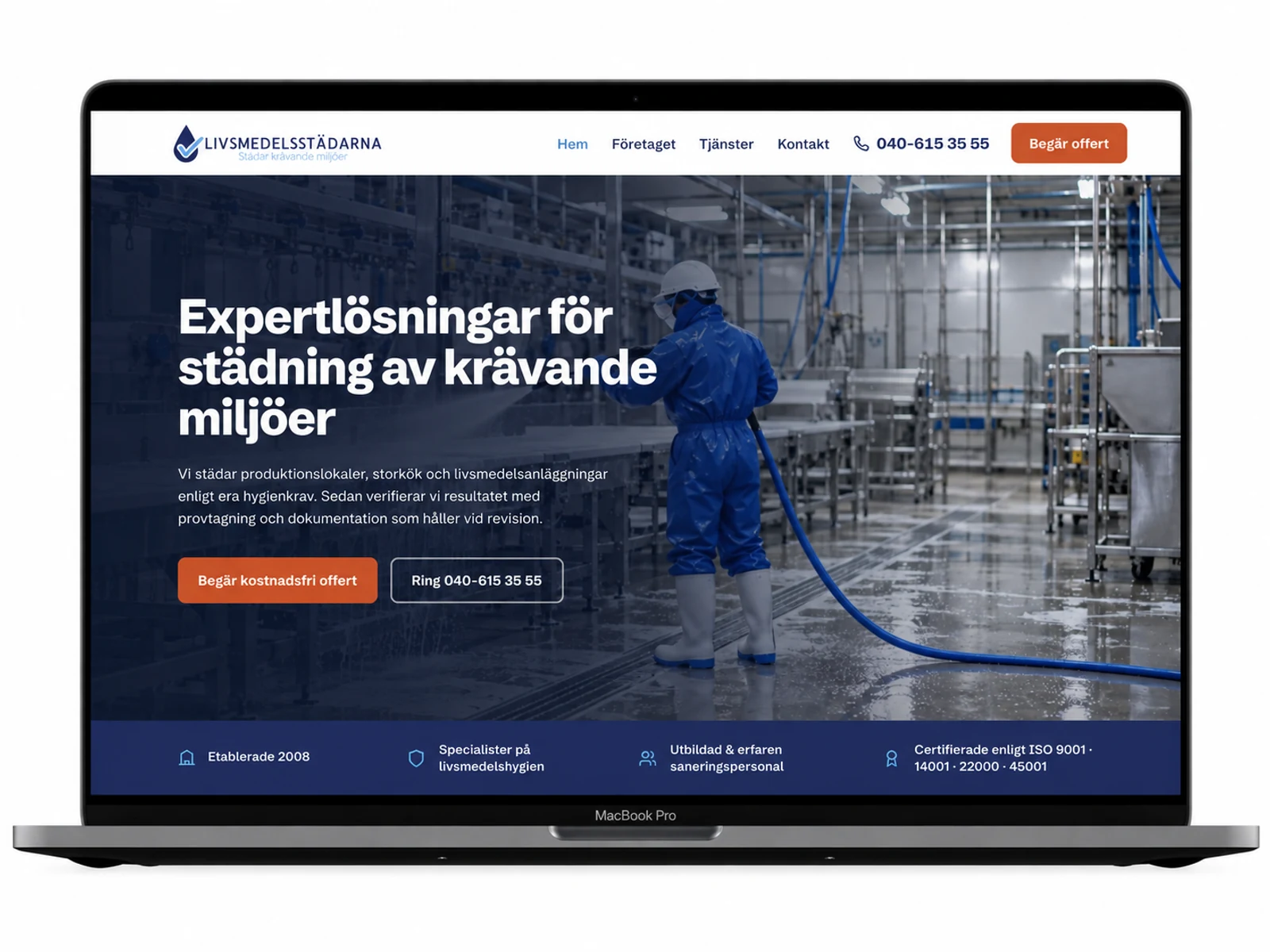 Livsmedelsstädarna — industrial cleaning company website shown on a laptop